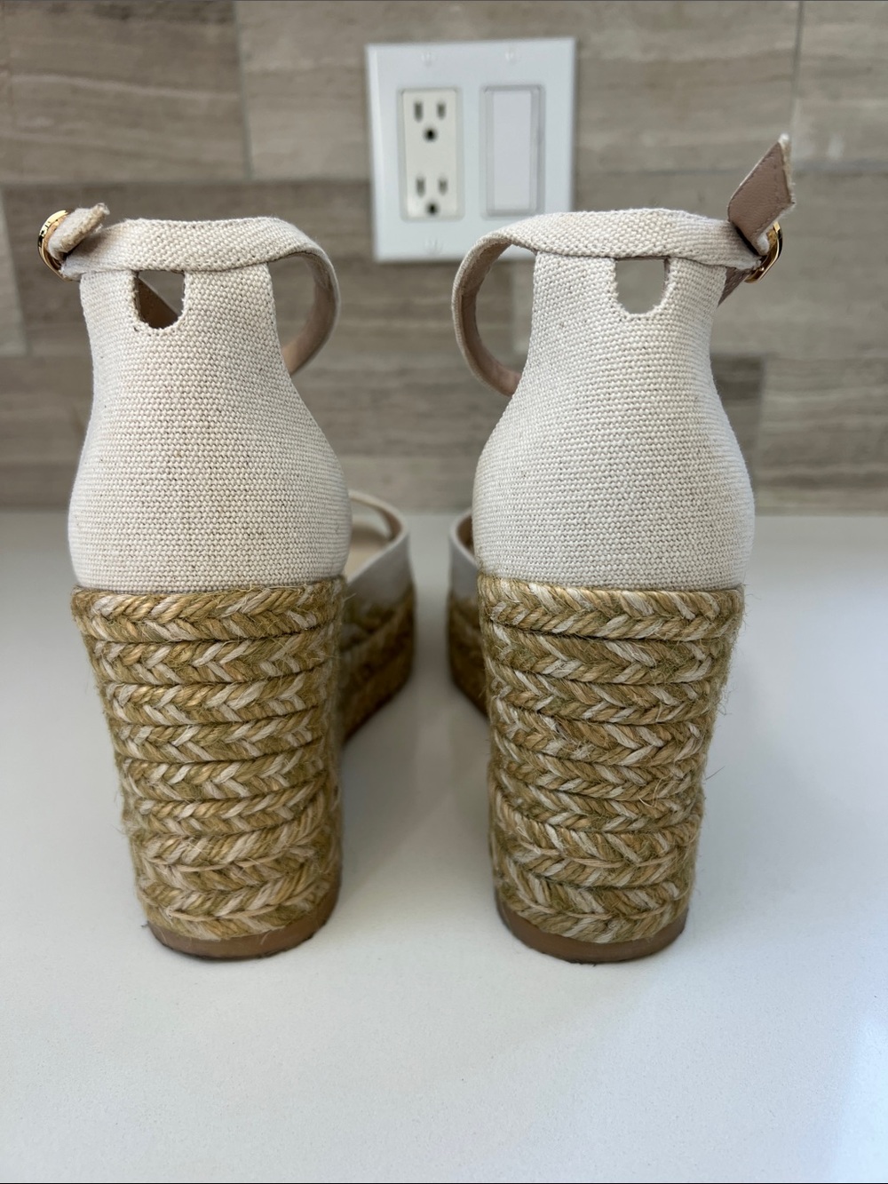 Stuart Weitzman espadrille open toe wedges heels sandals natural cream canvas - Picture 6 of 9